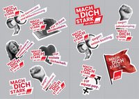 Das Bild zeigt ein Mockup eines Stickersets, das im Rahmen der Bundestagswahlkampagne des Deutschen Gewerkschaftsbundes (DGB) gestaltet wurde. Die Sticker enthalten verschiedene Slogans wie "Für Demokratie und Mitbestimmung", "Für 15 Euro Mindestlohn", "Gegen Lohndumping", "Gegen union busting", "Für soziale Sicherheit", "Für equal pay" und "Gegen Faschismus". Die Sticker sind mit grafischen Elementen wie Fäusten, Herzen und einer wehenden roten Fahne mit dem DGB-Logo versehen. Der zentrale Slogan "MACH DICH STARK MIT UNS" ist auf mehreren Stickern prominent zu sehen.