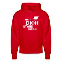 Das Bild zeigt einen roten Kapuzenpulli mit der weißen Aufschrift "MACH DICH STARK MIT UNS" auf der Vorderseite. Über dem Wort "DICH" befindet sich das Logo des Deutschen Gewerkschaftsbundes (DGB) in einer weißen Raute.