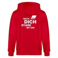 Das Bild zeigt einen rote Kapuzenjacke mit der weißen Aufschrift "MACH DICH STARK MIT UNS" auf der Rückseite. Über dem Wort "DICH" befindet sich das Logo des Deutschen Gewerkschaftsbundes (DGB) in einer weißen Raute.