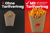 Kampagnenmotiv Tarifwende: Bild von 2 Portionen Pommes, eine Portion Pommes ist sehr klein. Darüber steht "Ohne Tarifvertrag", die andere Portion Pommes ist groß und sieht appetitlich aus. Darüber steht "Mit Tarifvertrag - Mit Tarifvertrag ist mehr drin."