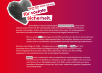 Ein roter Hintergrund mit dem Slogan „Mach dich stark mit uns für soziale Sicherheit“. Der Text betont die Bedeutung von Sozialversicherungen als Sicherheitsnetz in der Gesellschaft und fordert einen aktiven Sozialstaat. Es wird auf die Notwendigkeit einer ausreichenden Rente, einer guten Gesundheitsversorgung und bezahlbarem Wohnen hingewiesen. Der Text kritisiert Sparzwänge, die auf Kliniken und Pflegeeinrichtungen lasten.