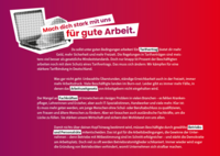 Ein roter Hintergrund mit dem Slogan „Mach dich stark mit uns für gute Arbeit“. Der Text beschreibt die Vorteile von Tarifverträgen, die bessere Arbeitsbedingungen, mehr Sicherheit und Freizeit bieten. Es wird kritisiert, dass viele Beschäftigte unter schlechten Bedingungen wie unbezahlten Überstunden arbeiten. Der Fachkräftemangel wird als großes Problem in verschiedenen Branchen hervorgehoben, und die Bedeutung von Mitbestimmung durch Betriebs- und Personalräte wird betont.