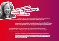 Ein roter Hintergrund mit dem Slogan „Mach dich stark mit uns für eine zukunftsfähige Wirtschaft“. Der Text kritisiert die Sparpolitik Deutschlands und fordert Investitionen in Infrastruktur, Bildung und Digitalisierung. Es wird auf die Notwendigkeit hingewiesen, die Schuldenbremse zu überdenken, um wirtschaftliche Stabilität zu sichern.