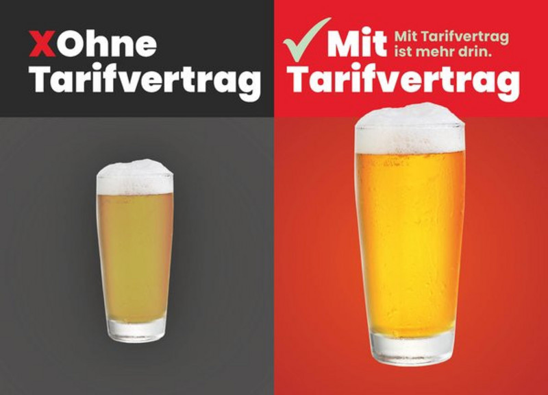 Kampagnenmotiv Tarifwende: Bild von 2 Gläsern mit Bier, eins der Gläser mit Bier ist sehr klein. Dar-über steht "Ohne Tarifvertrag", das andere Glas mit Bier ist groß und sieht frisch gezapft aus. Darüber steht "Mit Tarifvertrag - Mit Tarifvertrag ist mehr drin."