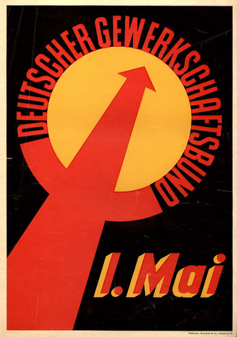 Maiplakat 1953. Motiv: ein diagonaler Pfeil von links unten nach oben. Eine stilisierte Sonne wird von einem roten Kreis eingefasst, der von dem Schriftzug "Deutscher Gewerkschaftsbund" gebildet wird. Text: "1. Mai"