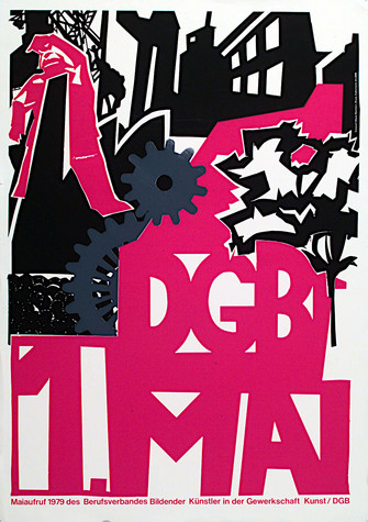 Maiplakat 1979. Motiv: Holzschnitt in Schwarz und Rot mit Nelkenmotiv,und Schriftzug "DGB 1. Mai" Text "Maiaufruf 1979 des Berufsverbandes Bildender Künstler in der Gewerkschaft Kunst/DGB"